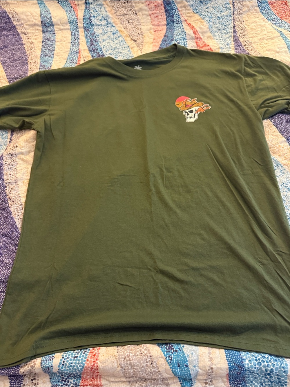 Vibe Olive Green Short-Sleeve Tee with Small Skull Flame Graphic